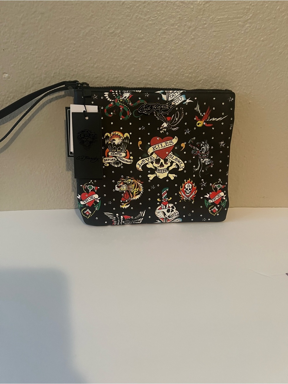 Ed Hardy Women's Tattoo Print Rhinestone Wristlet/Wallet Black Y2K Skulls